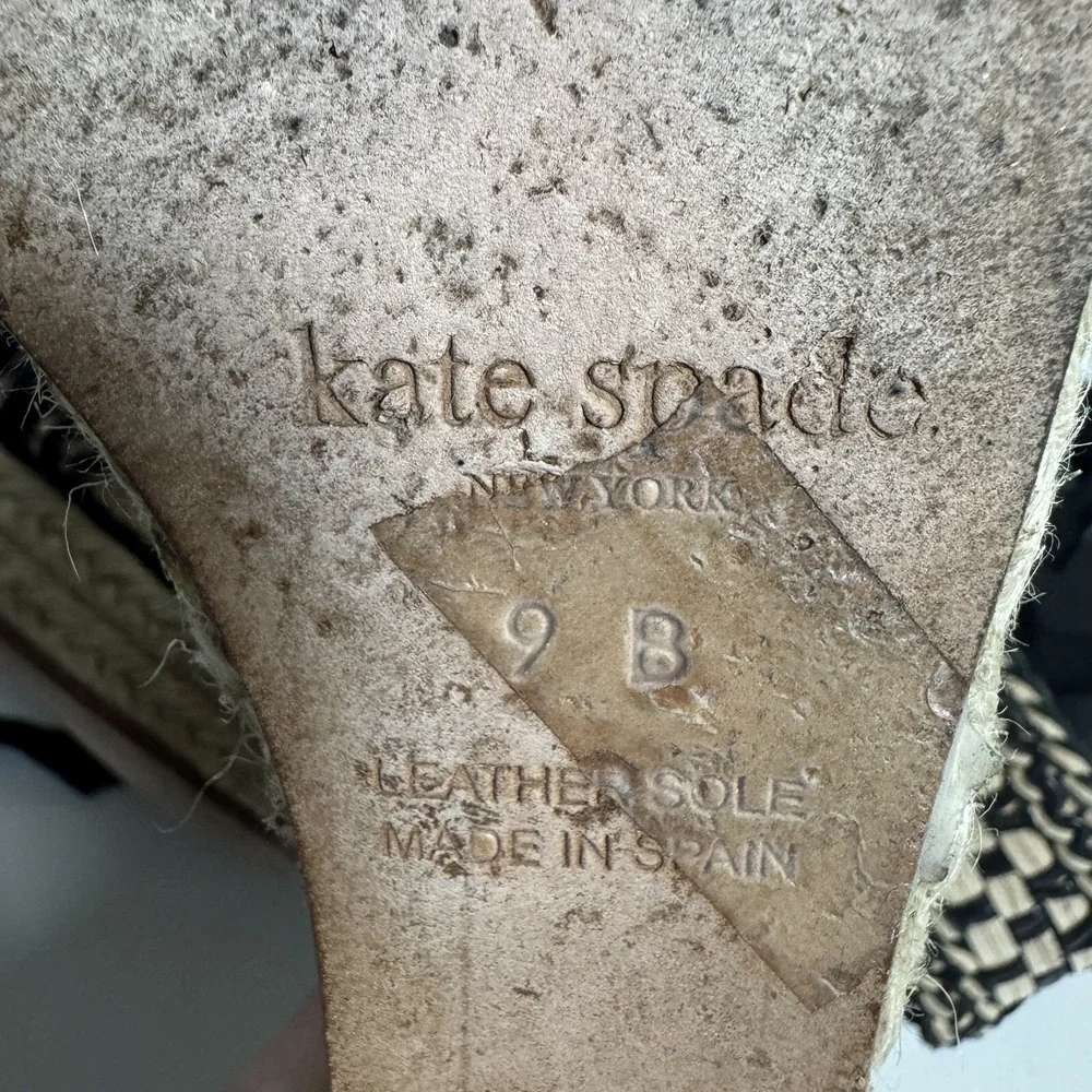 Kate Spade Taley Wedge Sandals Womens‎ 9 Black Cream Woven Espadrille Ankle Tie